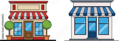 Charming storefronts with awnings and potted trees, inviting businesses