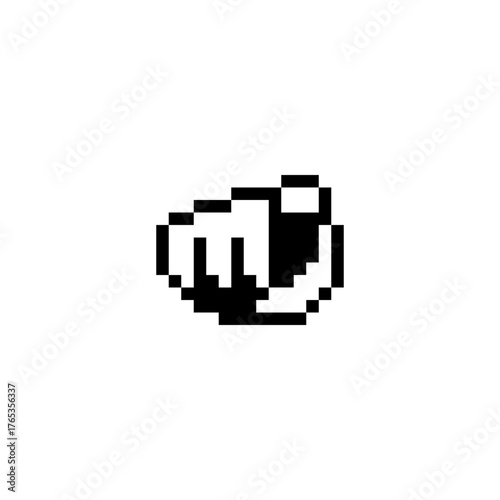 Index finger pointing at viewer, pixel icon, sign gesture. Computer hand cursor. Video game sprite. Isolated vector illustration. Print design.