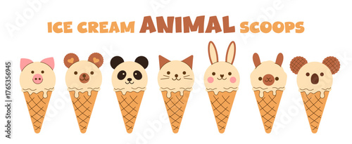 Hand drawn vanilla ice cream animal melted scoops, decorated with chocolate in the shape of koala, frog, cat, alpaca, pig in waffle cone. Isolated cute character gelato. Flat vector EPS10