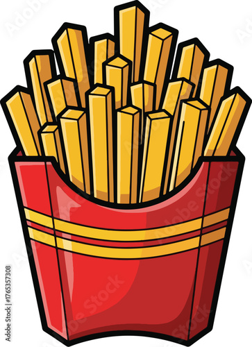 Cartoon illustration of golden french fries in a classic red paper carton with yellow stripes chips