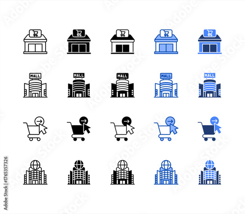 Storefront, Mall, Checkout, Emporium multiple style icon set.