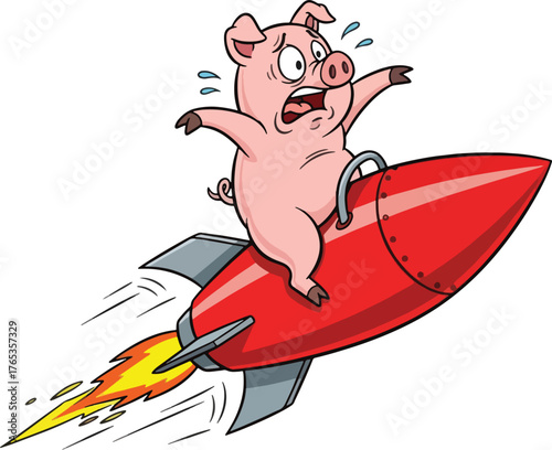 Cartoon pig riding a red rocket with a determined expression Keywords: pig, animal, cartoon