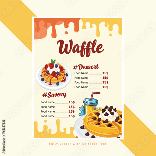 Cartoon style waffle menu template with dessert savory waffle dishes and a drink illustration vector