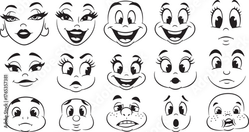 Collection of 15 Cartoon Faces Expressing Various Emotions and Expressions drawing