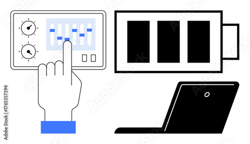 Hand interacts with control panel, battery fills with bars, and nearby laptop aligns with power monitoring. Ideal for energy management, technology advancements, efficiency, sustainable energy, smart