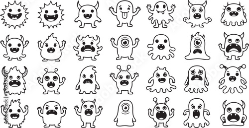 Collection of 30 Diverse Cartoon Monsters with Various Expressions and Features Keywords