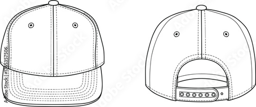 Baseball cap technical flat sketch, front and back view, unisex fashion headwear design template, CAD drawing flat vector illustration for apparel designers.
