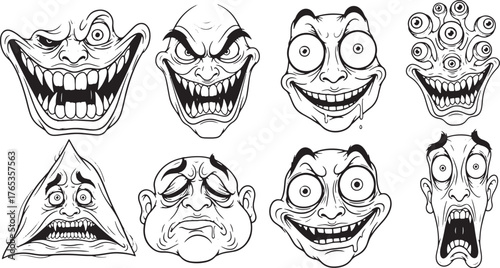Eight Cartoon Monster Faces with Fangs and Spooky Expressions Keywords: monster, face, cartoon