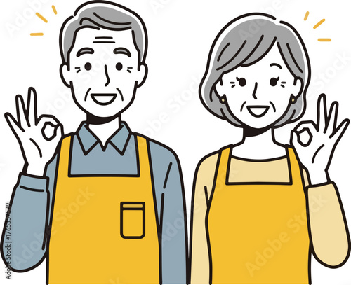 Elderly Couple Wearing Aprons Giving OK Sign with Sparkles on White Background senior couple woman