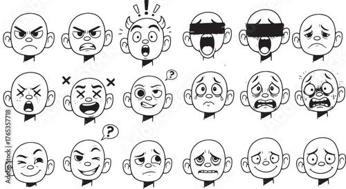 Grid of hand drawn cartoon character head illustrations showing diverse emotions on white background