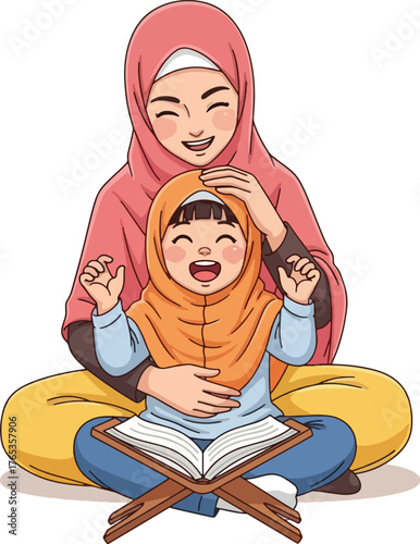 Mother and daughter in hijabs laughing while reading a book on a wooden stand vector illustration