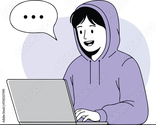 Person wearing hoodie typing on laptop with speech bubble computer