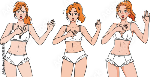 Three women in white lingerie showing surprised and shocked expressions on white background girls