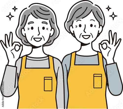 Two Senior Women Wearing Aprons Giving OK Sign with Sparkles on White Background elderly women