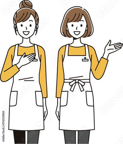 Two smiling women in white aprons and yellow shirts gesturing and welcoming illustration two women