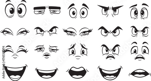 Variety of Cartoon Eyes, Eyebrows, and Mouths Showing Different Emotions expression