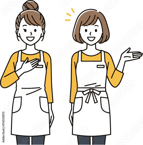 Two Women in Aprons, One with Hand on Chest, Other Gesturing to the Side young women adult women