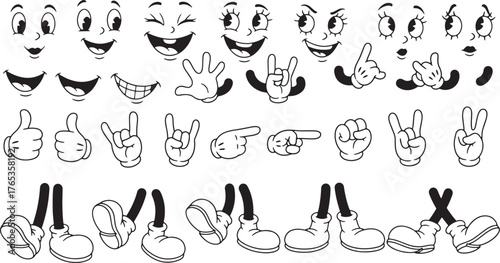 Vintage Cartoon Faces Hands and Legs with Various Expressions and Poses retro character
