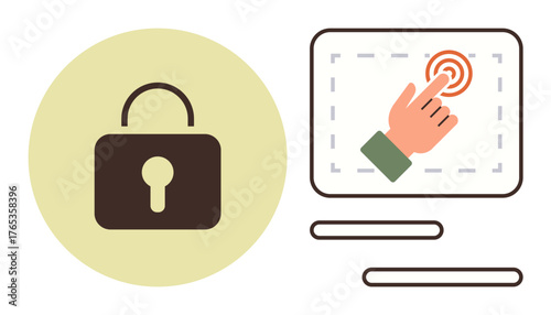 Lock representing security paired with a hand tapping a touchscreen for access. Ideal for technology, authentication, privacy, data protection, secure systems, user interface, and cybersecurity. A