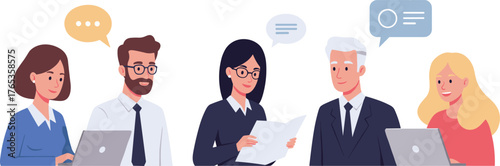 Business meeting illustration with diverse office colleagues collaborating, discussing ideas, using laptops, and communicating in professional teamwork environment