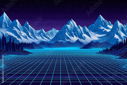 Synthwave Landscape with Mountains and Grid Retro Futuristic Style.