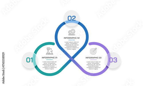 3 Step Infinity Loop Infographic Template. Continuous Cycle Diagram for Strategy, Process, and Target. Vector illustration.