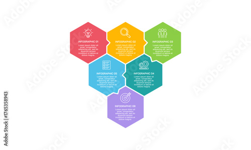 6 Step Business Process Infographic with Hexagon Structure and Colorful.  Creative Flowchart Template. Vector illustration.