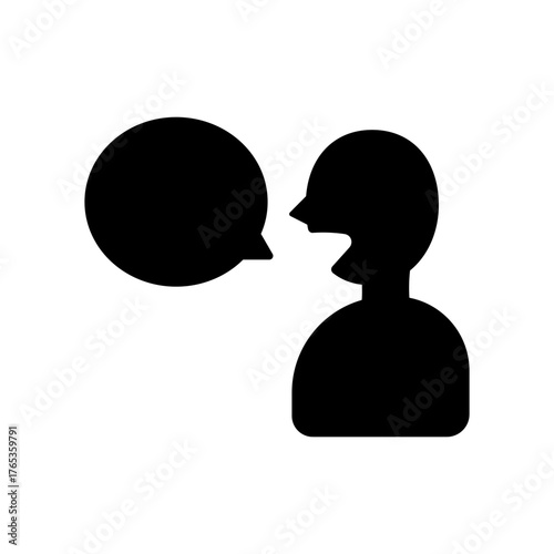 吹き出しに向かって話す横顔の人物を描いた、シンプルで汎用性の高いアイコンイラスト