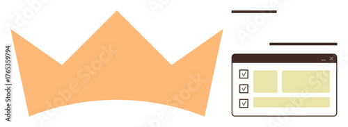 Crown representing leadership next to a checklist interface with completed tasks. Ideal for leadership, success, achievement, organization, goal setting, project management, simple flat metaphor