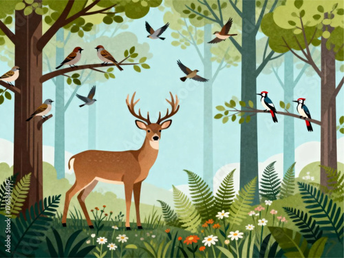 A beautiful vector illustration of a majestic deer stag and various birds in a lush green forest clearing