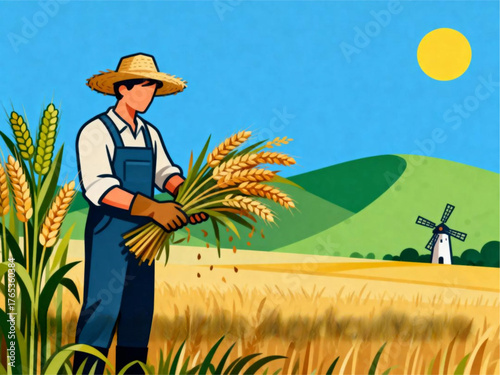 A Diligent Farmer Gathers Golden Wheat Stalks Under a Sunny Sky in a Picturesque Rural Landscape with a Distant Windmill