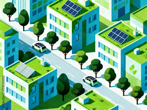Isometric vector art of a sustainable urban landscape with eco-friendly buildings, solar energy, and green transportation