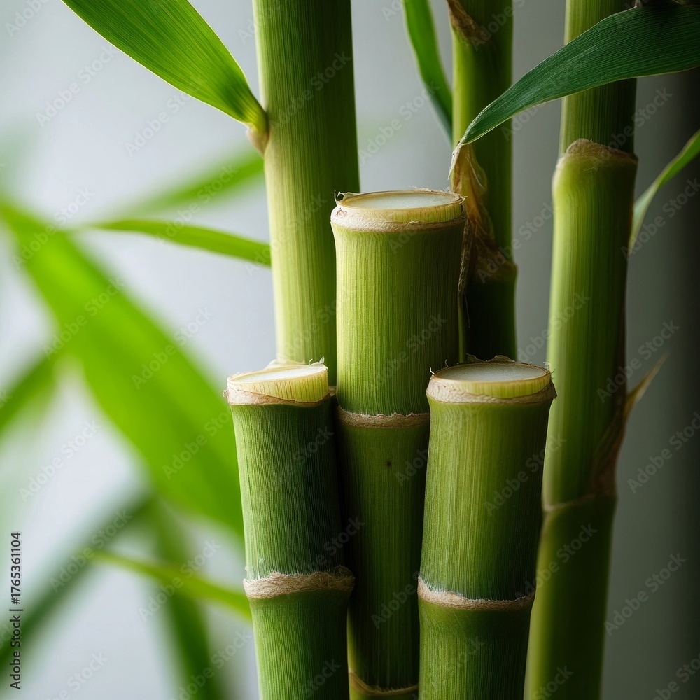 Obraz premium Vibrant green bamboo stalks with soft focus leaves create a serene natural backdrop for wellness and tranquility themes