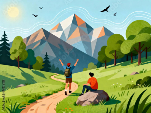 Vibrant illustration of friends embarking on an exciting mountain hike, ascending a scenic path towards a majestic geometric peak, celebrating nature's grandeur
