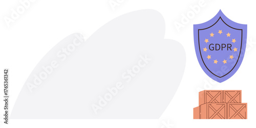 GDPR shield with stars symbolizing data security near stacked boxes representing compliance and data storage. Ideal for security, privacy, compliance, regulation, business, logistics, protection