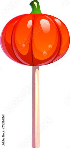 Cartoon Halloween sweet lollipop candy shaped like a pumpkin with a green stem on a white stick. Holiday dessert for kids, sweet spooky treat for trick or treat. Vector orange lollipop candy