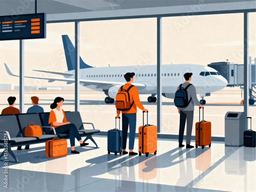 Airport terminal waiting area with passengers and plane view