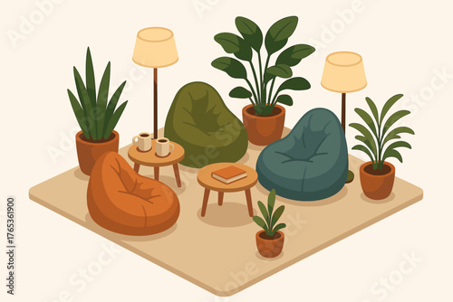 Cozy bean bag corner with indoor plants and warm lighting