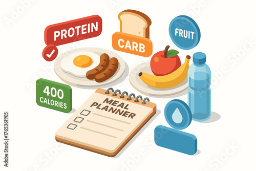 Isometric meal planner with protein, carbs, fruit, and hydration elements