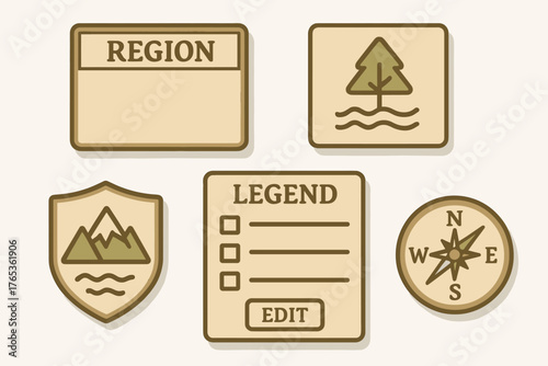 Vintage map icons set: compass, tree, mountain shield, region, legend
