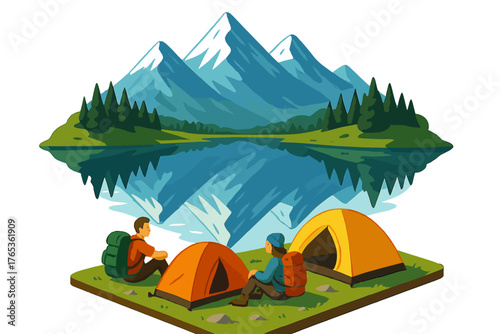 Caucasian male teenagers camping by mountain lake with tent reflection