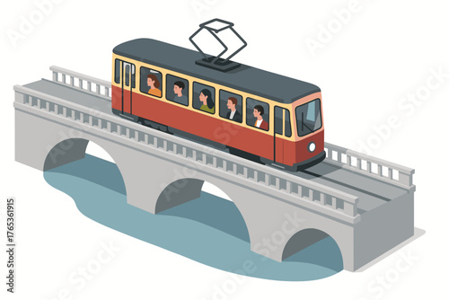 Vintage tram crossing bridge over river in isometric design with diverse passengers