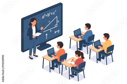 Female teacher explaining mathematics to young caucasian students in classroom with laptops