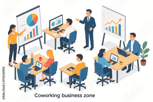 Diverse coworking team analyzing charts and collaborating in office setting