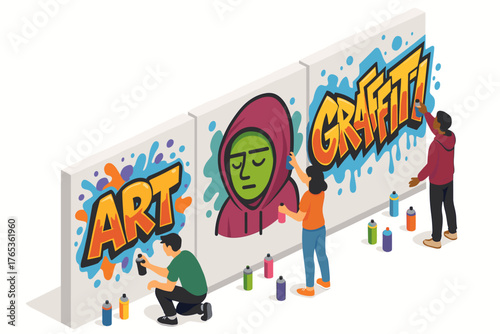 Diverse young artists creating colorful graffiti on urban wall