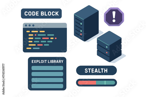Data security concept with code block, exploit library, servers, and alert icon