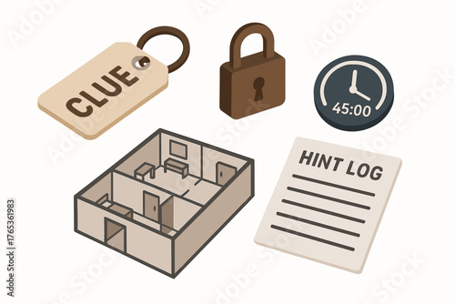 Escape room elements: clue tag, padlock, floor plan, timer, hint log