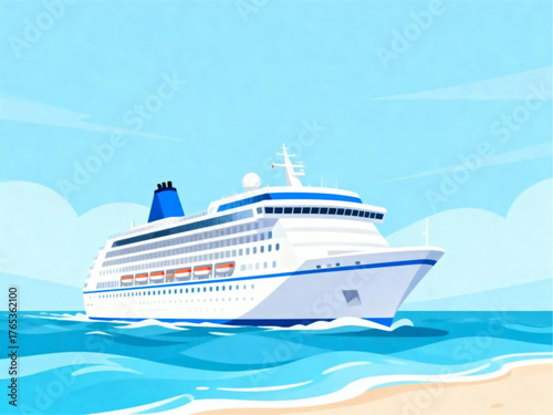 Cruise ship sailing on the sea with a bright sky and sandy beach in the background