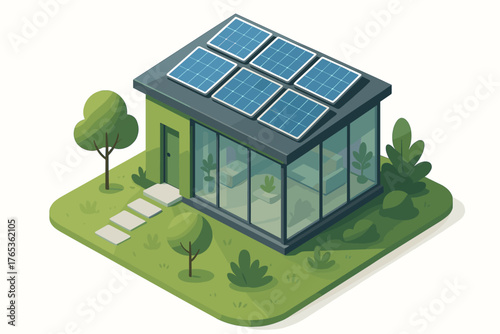 Eco-friendly modern house with solar panels and green landscape