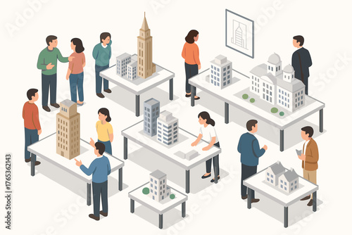 Isometric office scene with diverse adults observing architectural scale models